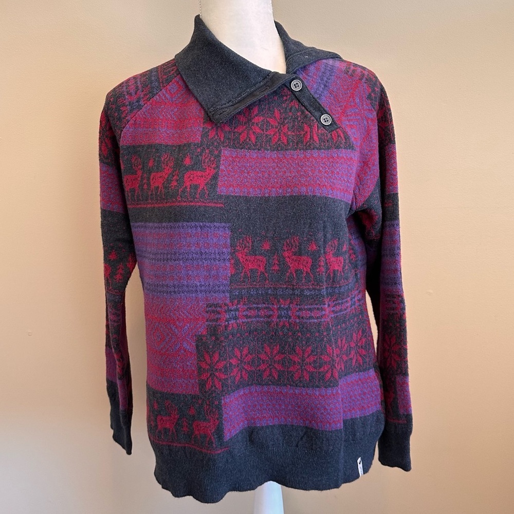 Woolrich Winter Sweater Gray Purple Red Reindeer Geometric Patterned Size Large